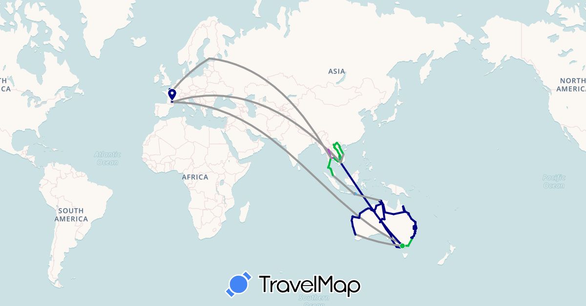 TravelMap itinerary: driving, bus, plane, cycling, train, boat, motorbike in Australia, Finland, France, Indonesia, Cambodia, Laos, Malaysia, Thailand, Vietnam (Asia, Europe, Oceania)